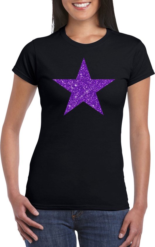 Bellatio Decorations T-shirt habillé pour femme - étoile - noir - paillettes violettes - carnaval/soirée à thème XL
