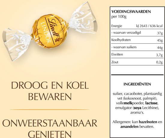 Lindt LINDOR witte chocoladebonbon met goudfolie, met voedingswaardendetails en ingrediënten.