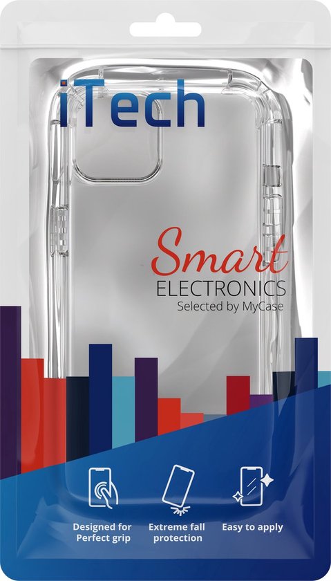 Emballage d'une coque de téléphone transparente avec le nom de marque 'iTech' et des icônes.