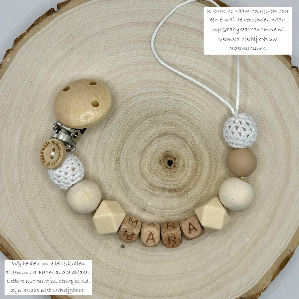 Goedkoopste Babybeads - Speenkoord met naam - Neutrale zandkleurtjes met wit - Gepersonaliseerd kraamcadeau