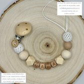 Babybeads - Speenkoord met naam - Neutrale zandkleurtjes met wit - Gepersonaliseerd kraamcadeau