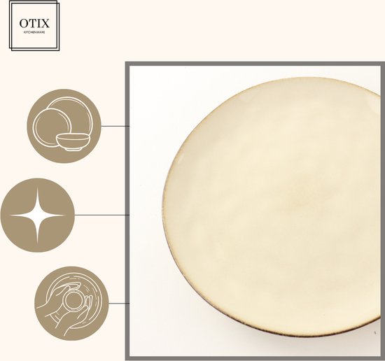 Close-up van een beige dinerbord met verweerde gouden rand, met pictogrammen.