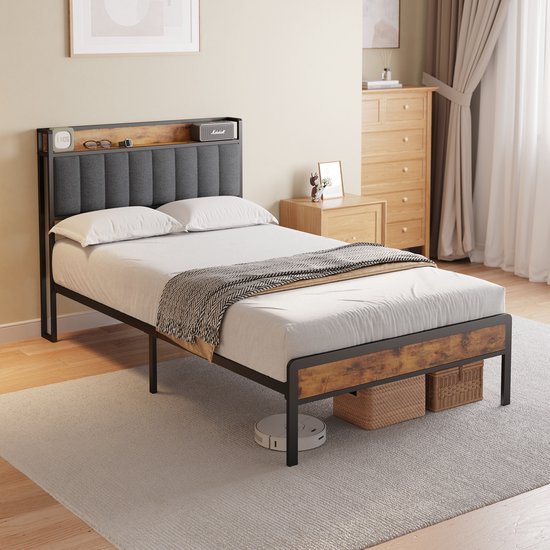 Bealife BF26 Cadre de lit - 200 x 140 cm - avec tête de lit à rangement - Gris clair