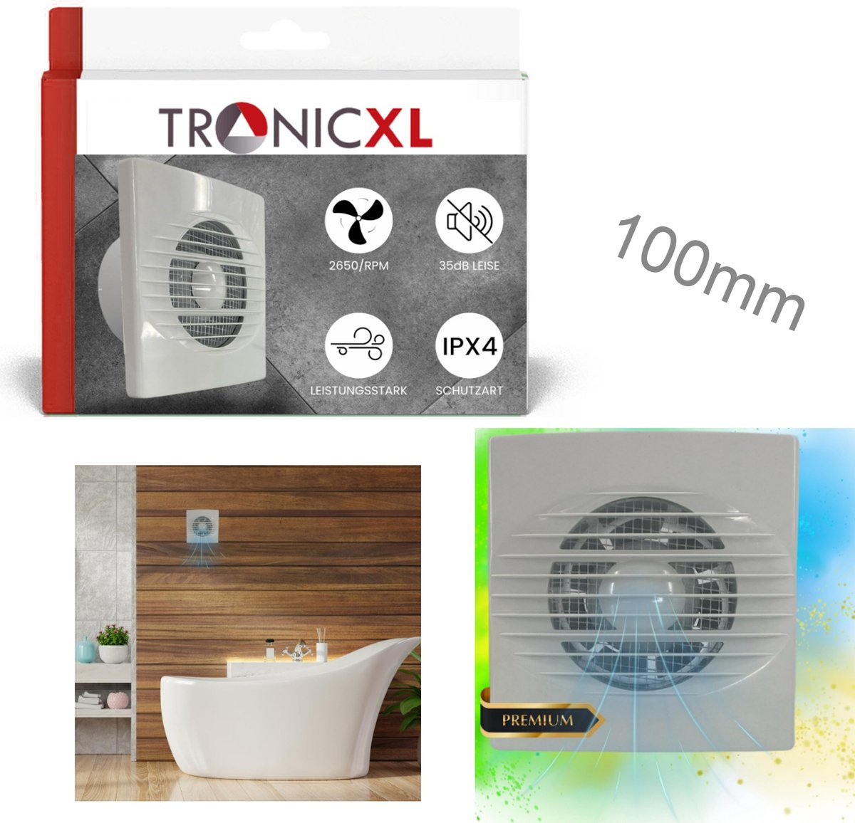 TronicXL Inbouwventilator 100mm - Stille 15W Afvoer- en Toevoerlucht ventilator met Vliegenhor - geschikt voor Badkamer, Toilet, Garage en Kelder