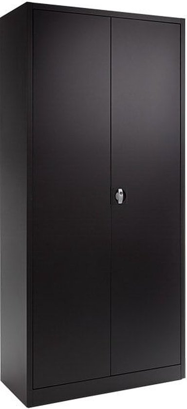 Zwarte metalen archiefkast met twee deuren, slot en handvat.