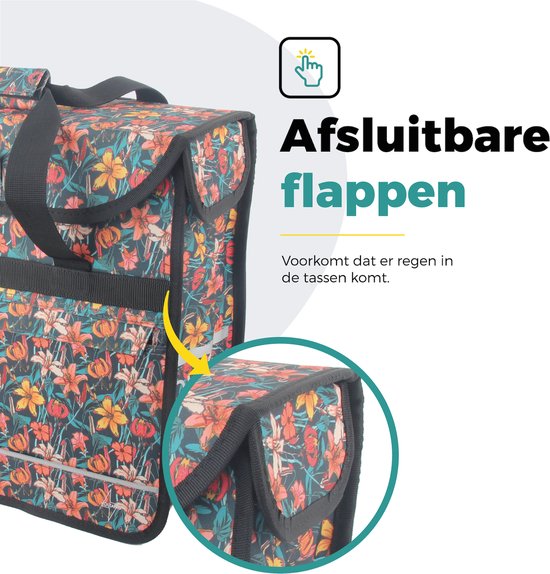 Voltano Enkele Shopper Fietstas - 17 Liter - Floral Fiesta - Zwart Met Kleurrijke Bloemen - Waterdicht - Luxe Universele Bevestiging van Voltano — afbeelding 3