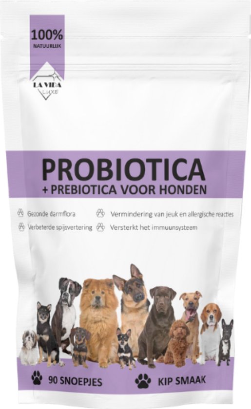 Probiotica + Prebiotica voor honden - EXTRA GROTE ZAK - 90 snoepjes - Anti Jeuk & Poten likken - +3 miljard Pre & Probiotica per snoepje - Darmgezondheid & Immuunsysteem - Probiotica Hond - Prebiotica Hond - Verlicht Jeuk & Poot Likken - Darmbalans