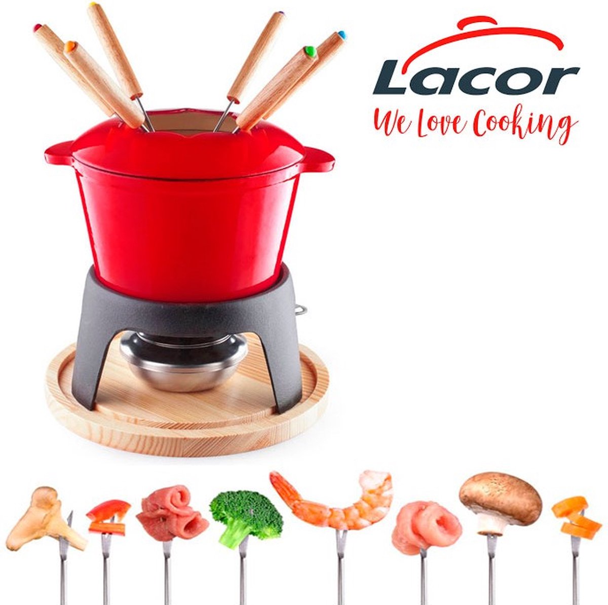Lacor Fondue Set - 1,2L - Emaille - Kaas Chocolade Groente Vlees Fondueset - Inclusief 6 Vorken – foto 4