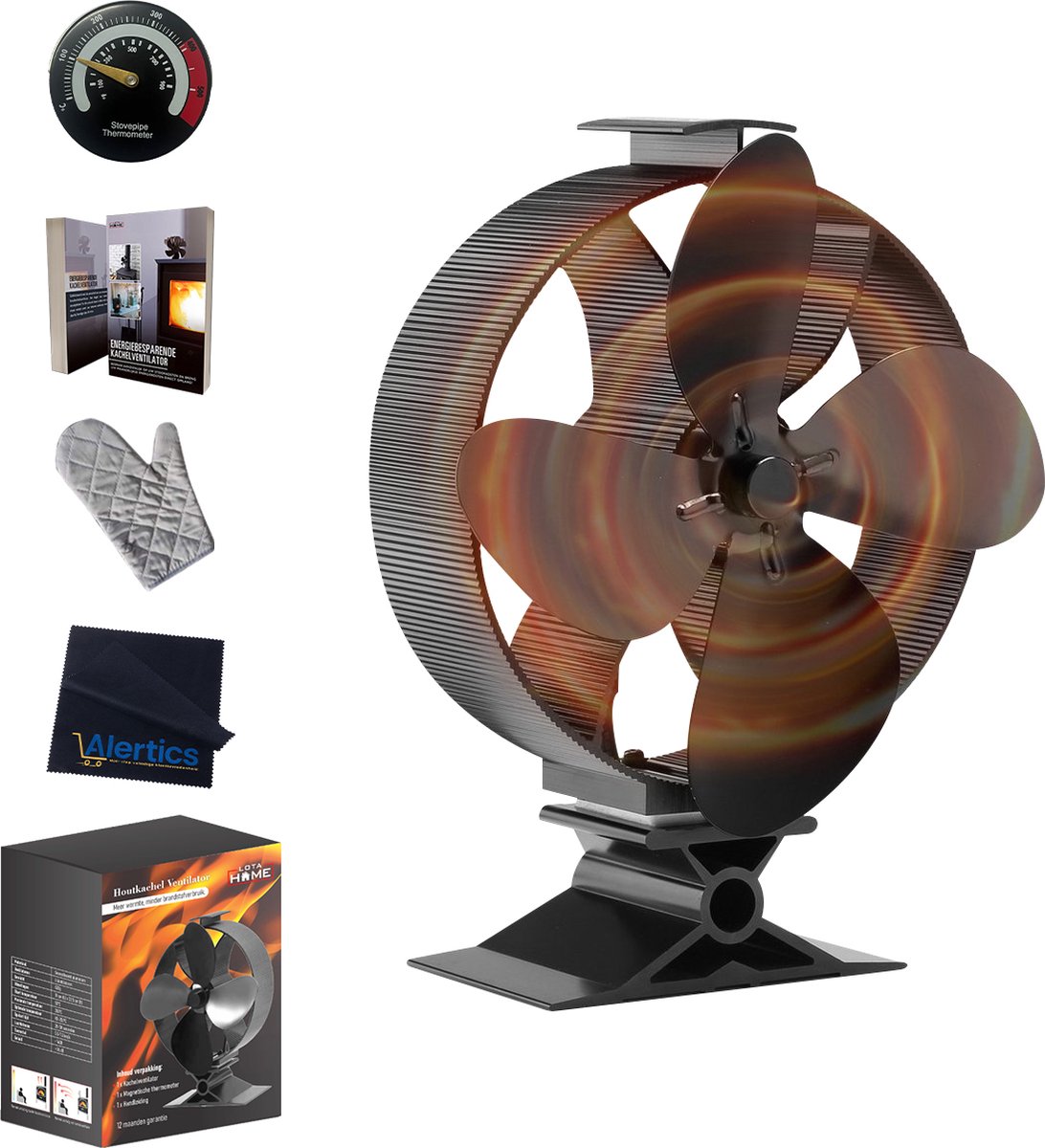 LotaHome - Houtkachelventilator - Energiebesparend - Efficiënt & Duurzaam - Haardventilator - Ecofan - Kachelventilator - Warmte Verspreiden - Met Kachelpijp Thermometer, Kachelhandschoen, Stofdoekje en Informatieboek - Bewezen Effectief - Cadeau