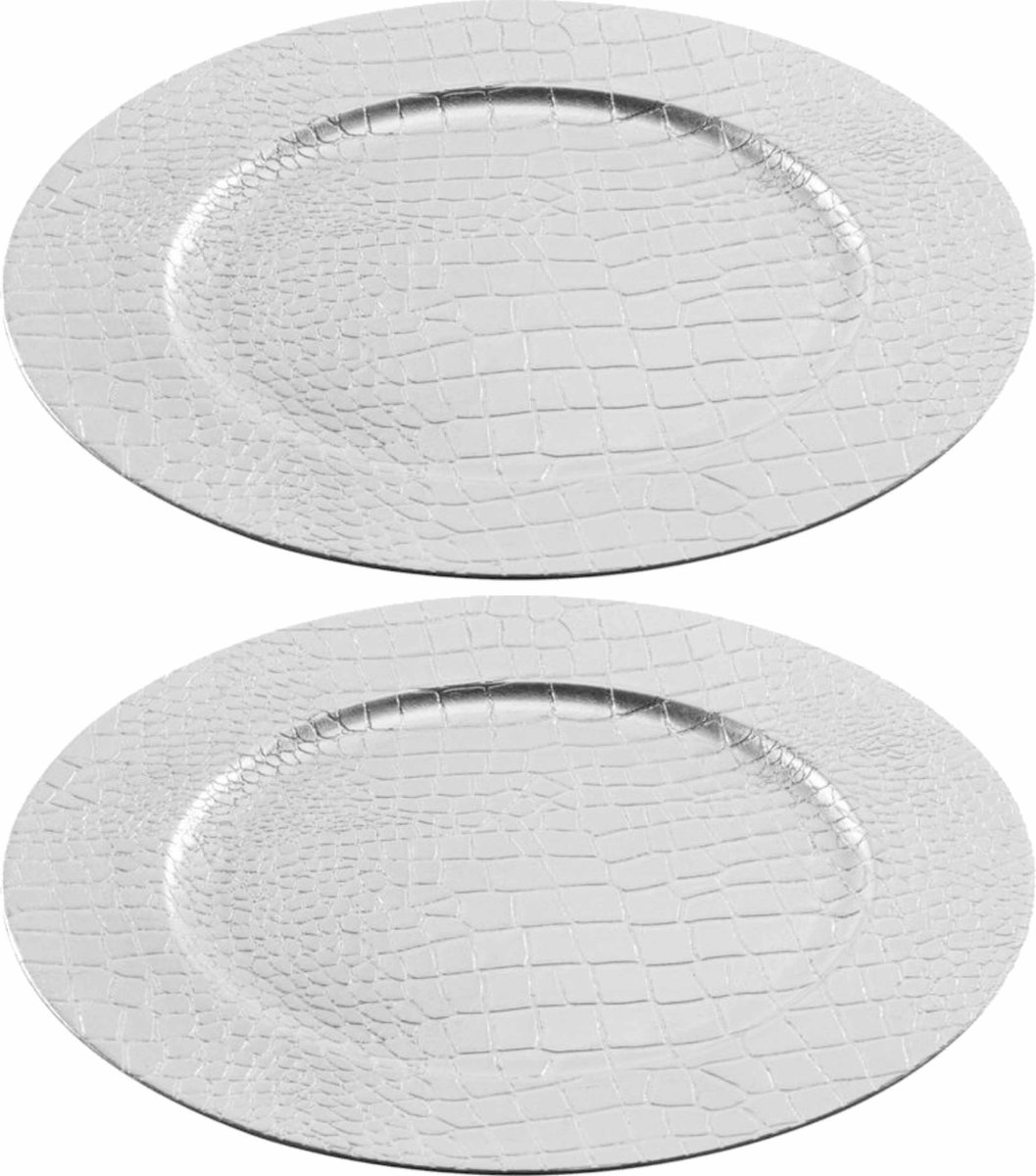 6x Ronde luxe kerstdiner/diner onderborden zilver lederlook 33 cm - Onderbord - kerstdiner onderbord - kerstfeest -