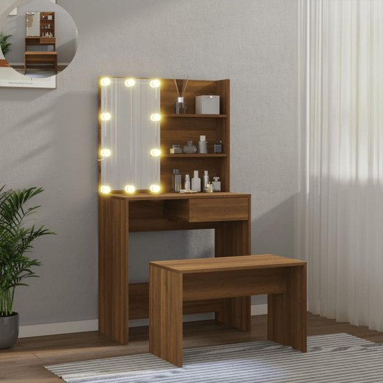 LBB Coiffeuse avec miroir et éclairage - Table de maquillage - Maquillage - Coiffeuse - Avec tiroirs - Banc - 60 x 40 x 140 cm - Chêne marron