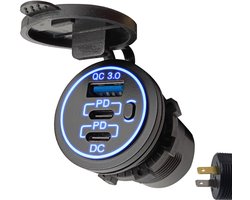 ProRide 12V USB/USB C Autolader 3 Poorten met schakelaar - Inbouw - QC3.0 - USB Stopcontact voor Auto, Boot en Camper - Blauw