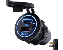 ProRide 12V USB/USB C Autolader 2 Poorten Inbouw met Schakelaar - 65W - QC3.0 - USB Stopcontact voor Auto, Boot en Camper - Blauw