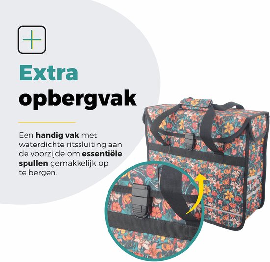 Voltano Enkele Shopper Fietstas - 17 Liter - Floral Fiesta - Zwart Met Kleurrijke Bloemen - Waterdicht - Luxe Universele Bevestiging van Voltano — afbeelding 5