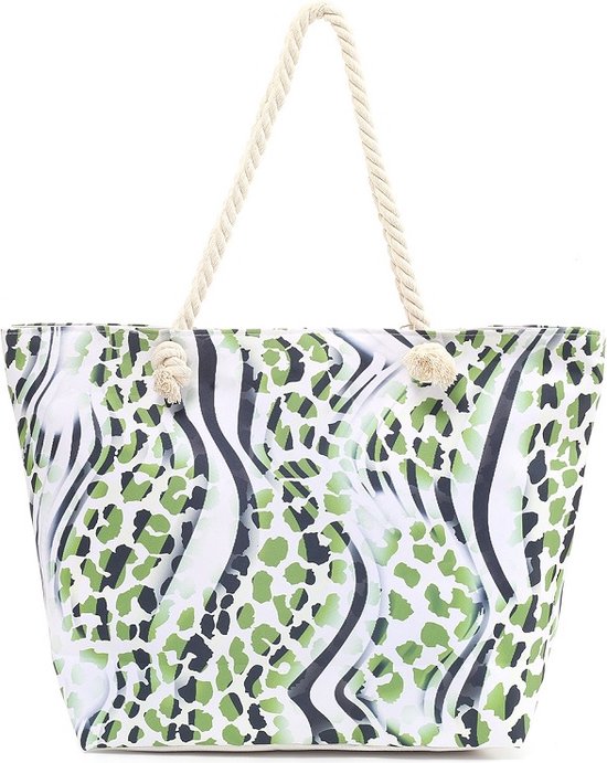 Een vrolijke strandtas in een tijger, panterprint (53x38cm) gevoerd en afsluitbaar met een rits aan de binnenkant. Een handige tas om veel in mee te kunnen nemen. Afgewerkt met twee handvaten van gedraaid touw. Voor uzelf of als Cadeau.