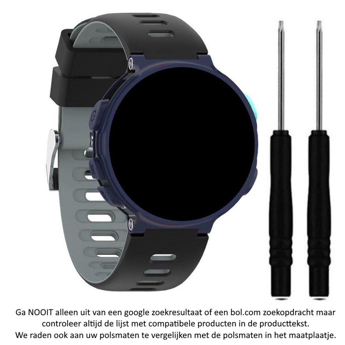 Zwart grijs siliconen horlogebandje geschikt voor de Garmin Forerunner 220, 230, 235, 620, 630, 735XT, Approach S20, S5 S6 - maat: zie maatfoto - sporthorlogeband - polsband - strap - siliconen - black grey rubber watch band