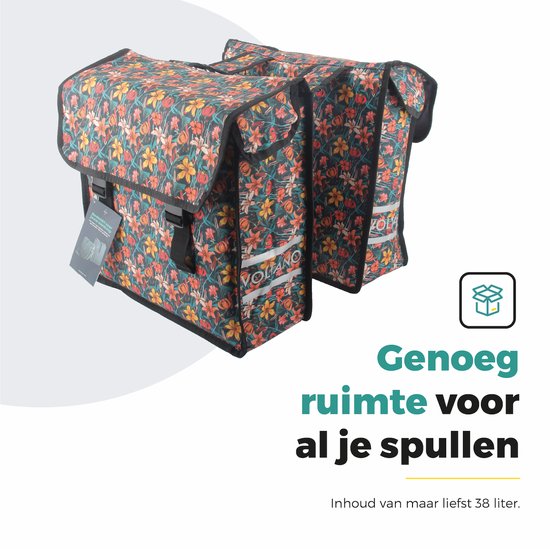 Voltano Dubbele Fietstas Floral Fiesta - Zwart Met Kleurrijke Bloemen - 38 Liter - 100% Waterdicht Polyester - Vrolijke Fietstassen
