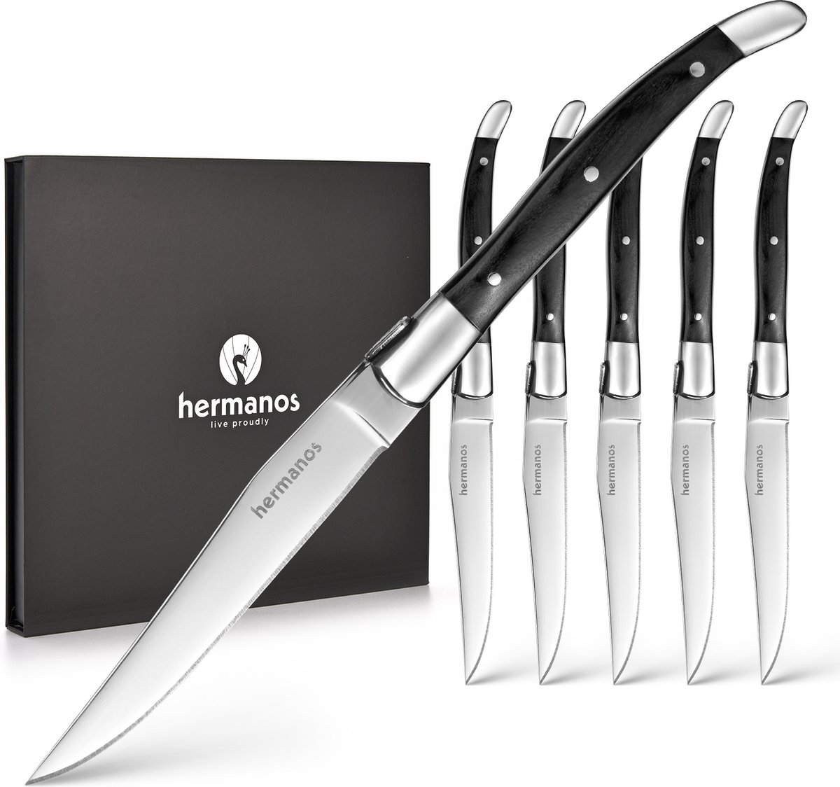 Bol.com Laguiole Steakmessen Professioneel Hermanos® - 6-delig - Vleesmessen - Luxe Messenset - 23 cm - RVS - Zwart aanbieding