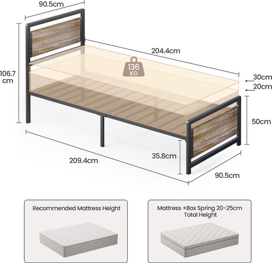 MAHANCRIS Bedframe 90 x 200 cm, zwevend bedframe met led en laadstation, houten lattensteun, eenpersoonsbed, voor slaapkamer, logeerkamer, zwart en houtkleur ABFHN636UE01