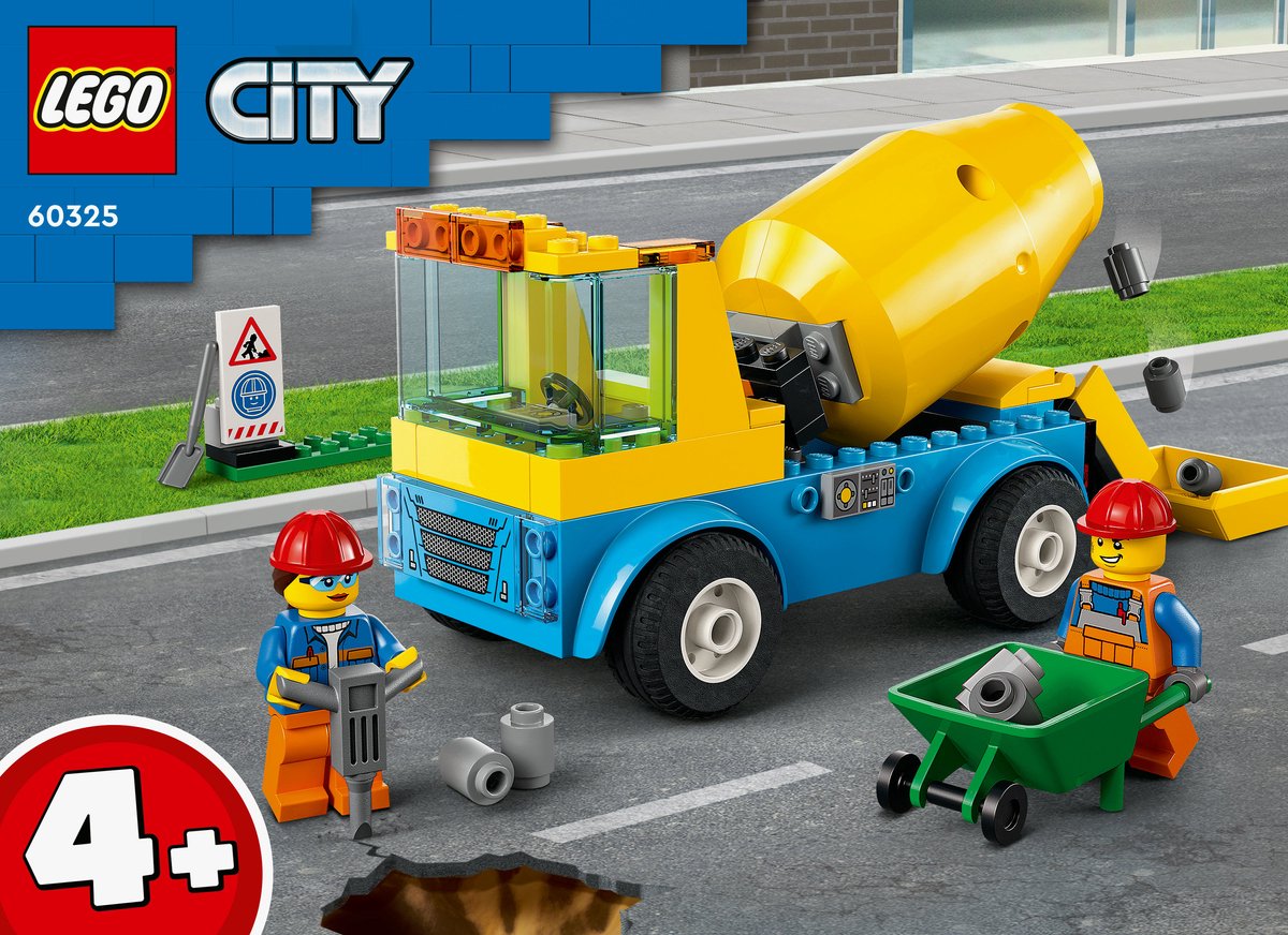 LEGO® City Cementwagen 60325 bouwset; met een ronddraaiende mengtrommel, plus een bord voor wegwerkzaamheden, drilboor, kruiwagen en minifiguren van wegwerkers; bouwvoertuig voor kinderen vanaf 4 jaar (85 onderdelen) — afbeelding 13