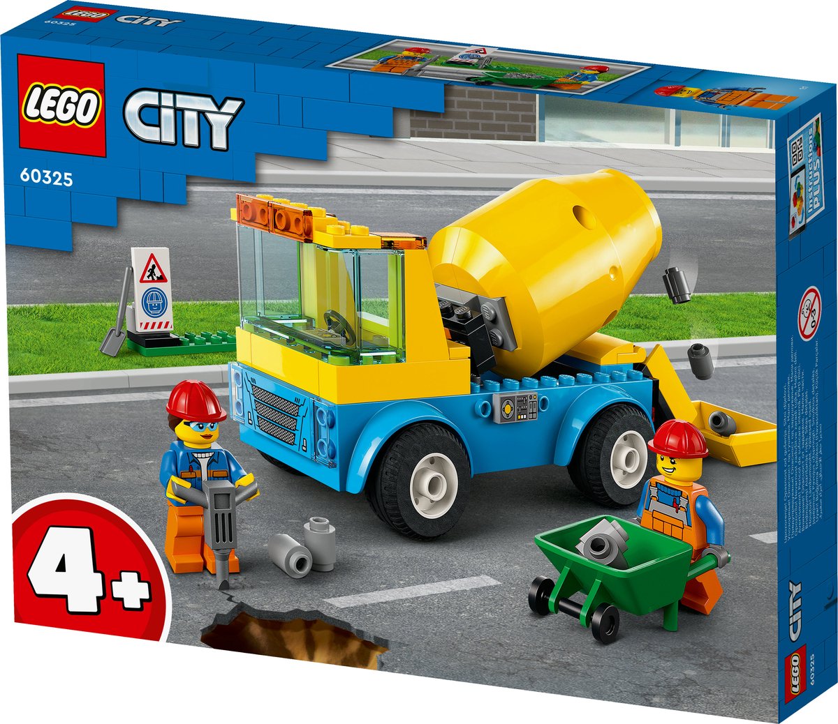 LEGO® City Cementwagen 60325 bouwset; met een ronddraaiende mengtrommel, plus een bord voor wegwerkzaamheden, drilboor, kruiwagen en minifiguren van wegwerkers; bouwvoertuig voor kinderen vanaf 4 jaar (85 onderdelen) — afbeelding 14