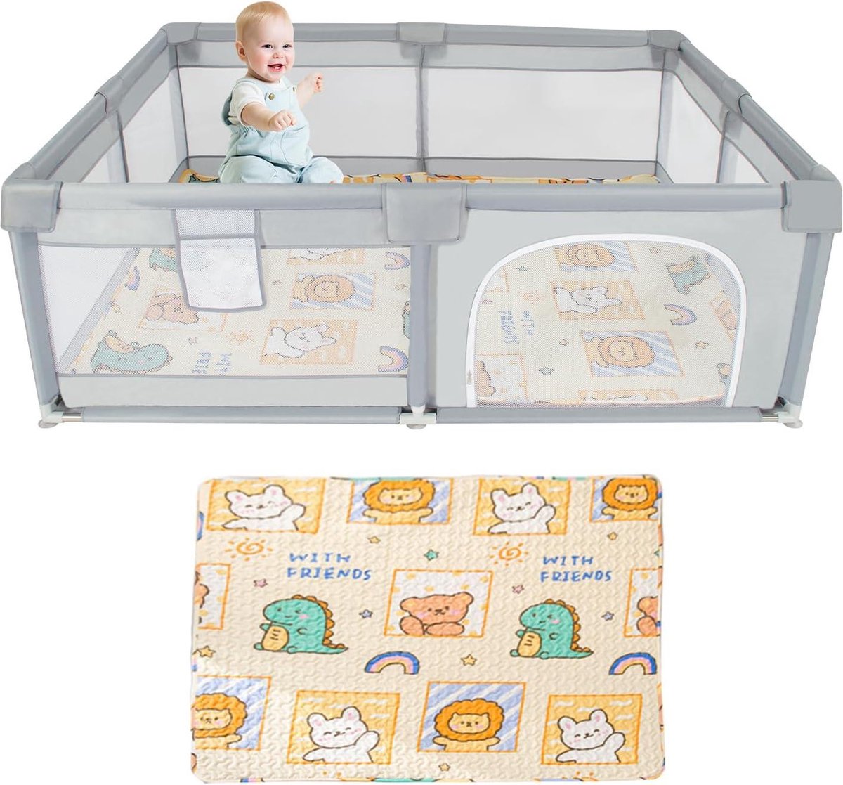 DJEDJEO Babybox voor baby's, 125 x 125 cm, opvouwbare loopstal voor appartement met ademend net, antislip basis, beschermrooster, kruipruimte voor kinderen