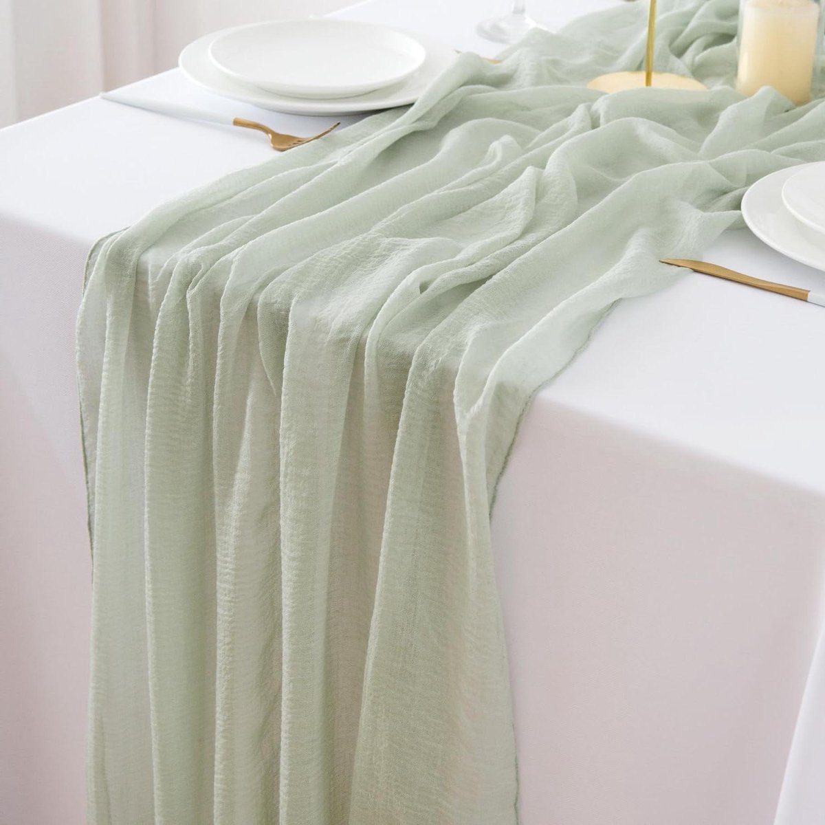 CHUQING Tafelloper chiffon groen, 70 cm x 3 m, saliegroen