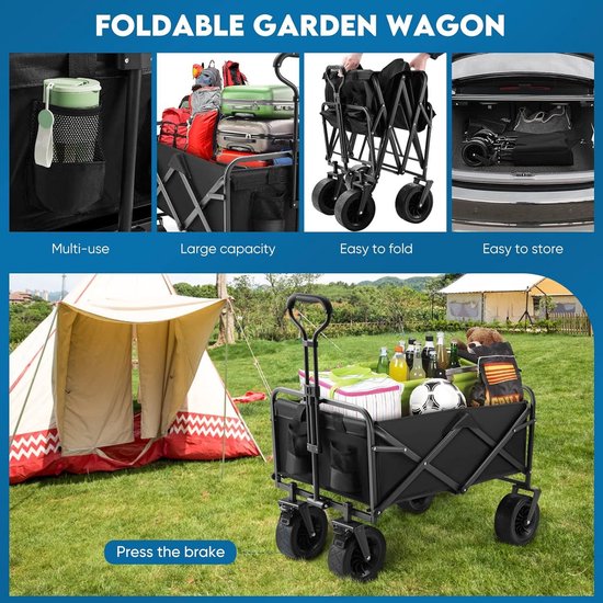 Opvouwbare Tuin Wagon Rem Grote Wielen Strand Winkelwagen - Max Capaciteit 100kg - Festival Camping Picknick Zwart van Lifetime Gardens — afbeelding 2