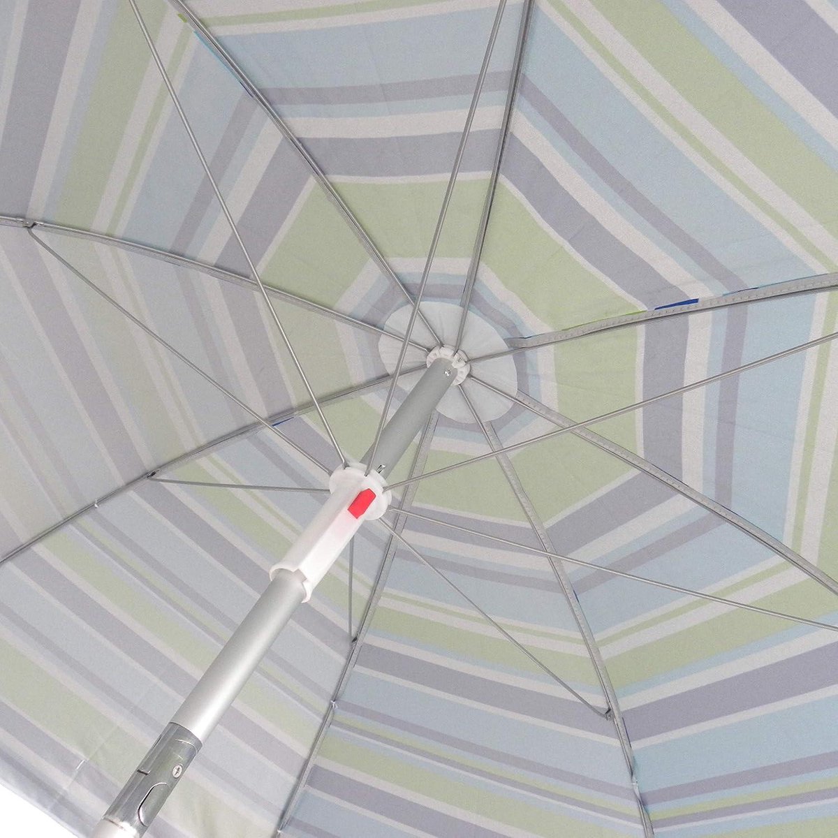 Aluminum curved beach parasol in blue-green stripes, UPF+50, lightweight 14 kg, 180 cm, blocks 99% UV rays.