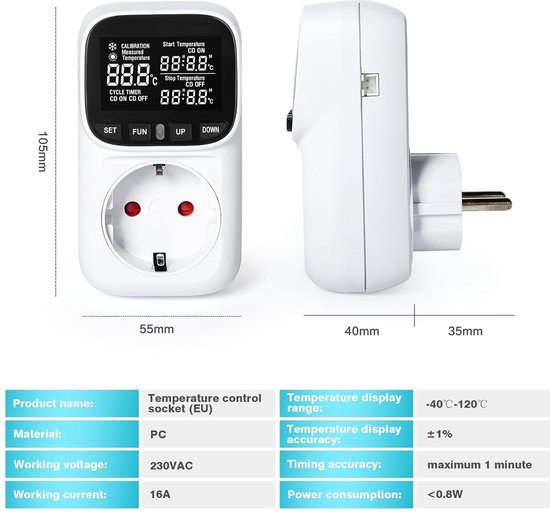 Temperatuurregelaar, stopcontact met sensor, 230 V, temperatuurschakelaar, thermostaat, stopcontact, verwarming, digitale temperatuurregelaar met LCD-schakelaar, koeling voor broeikas, planten, aquarium, terrarium, reptielen