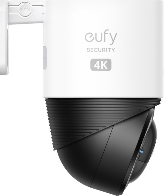 Witte eufy beveiligingscamera 4K met zwart kantelbaar deel.