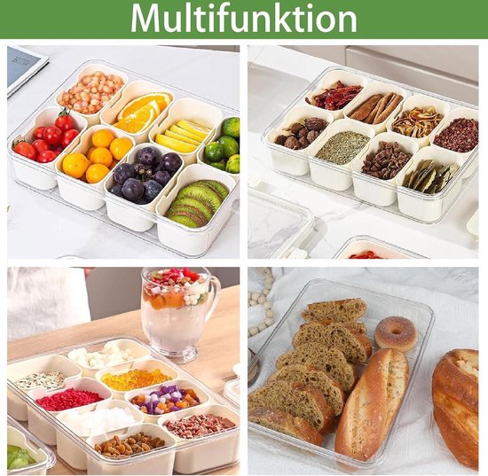 Honnesserry Snackbox met 8 vakken, snackbord met deksel en 4 roestvrijstalen vorken voor fruit, snoep, groente, noten, snackschaal van PP voor keuken, party, picknick Honnesserry Snackbox met 8 vakken, snackbord met deksel en 4 roestvrijstalen vorken voor fruit, snoep, groente, noten, snackschaal van PP voor keuken, party, picknick