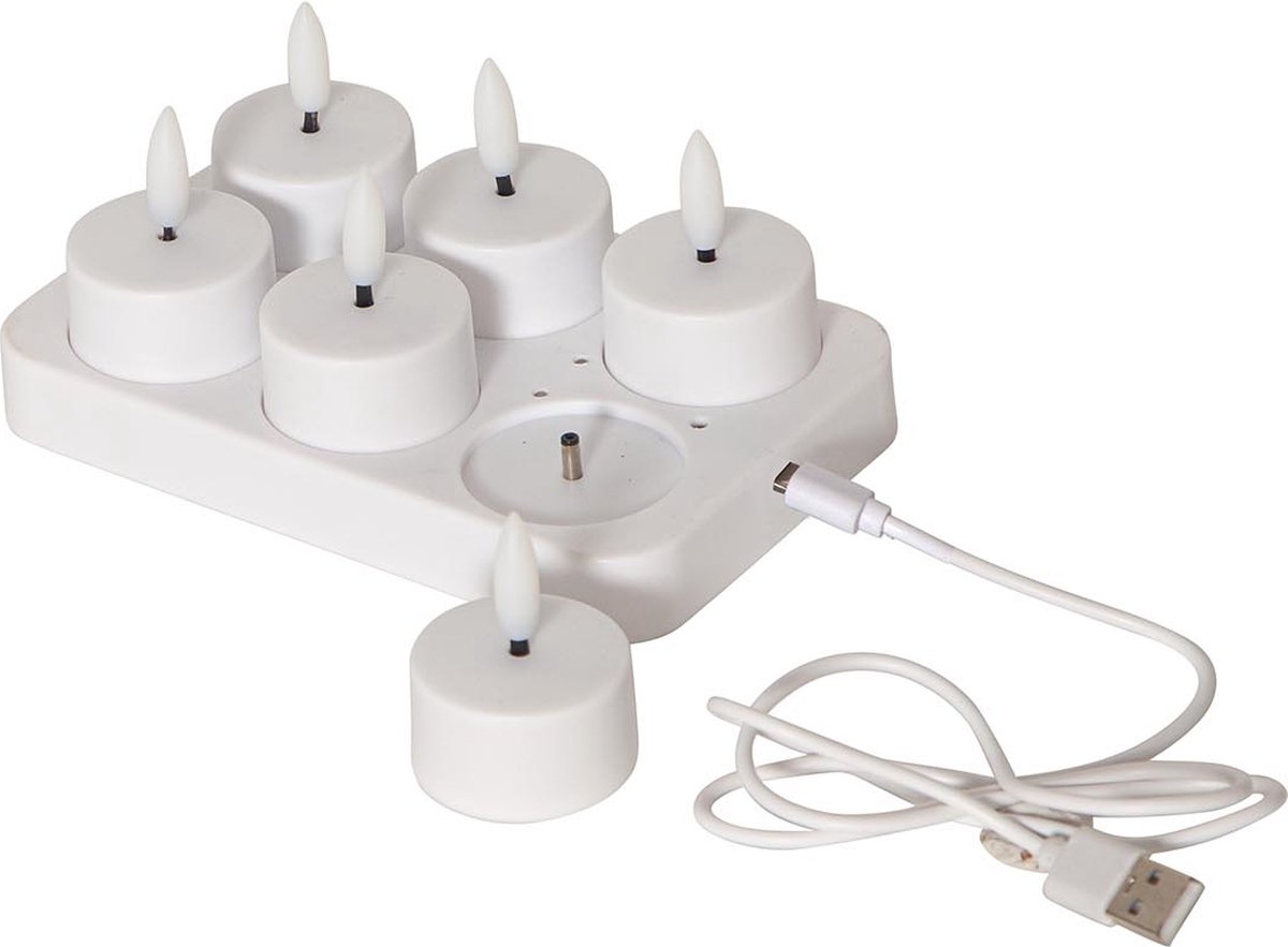 Star Trading theelichtset Flame Charge, 6 theelichtjes, wit, USB-kabel, oplaadplaatje, warm wit