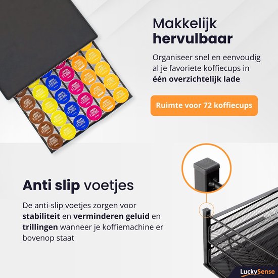 Porte-capsules avec tiroir Dolce Gusto - Porte-gobelet pour 72 capsules de Café - Porte- Porte-capsules - Acier inoxydable - Zwart