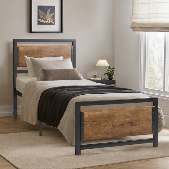 Bealife BF34 Eenpersoonsbedden, Metalen Eenpersoonsbed met Houten Hoofdbord, 210 x 90 x107cm, IJzeren Latten, Grote Opbergruimte Onder Bed, Geen Lawaai, Geen Boxspring Nodig, Eenvoudige Montage, Retro