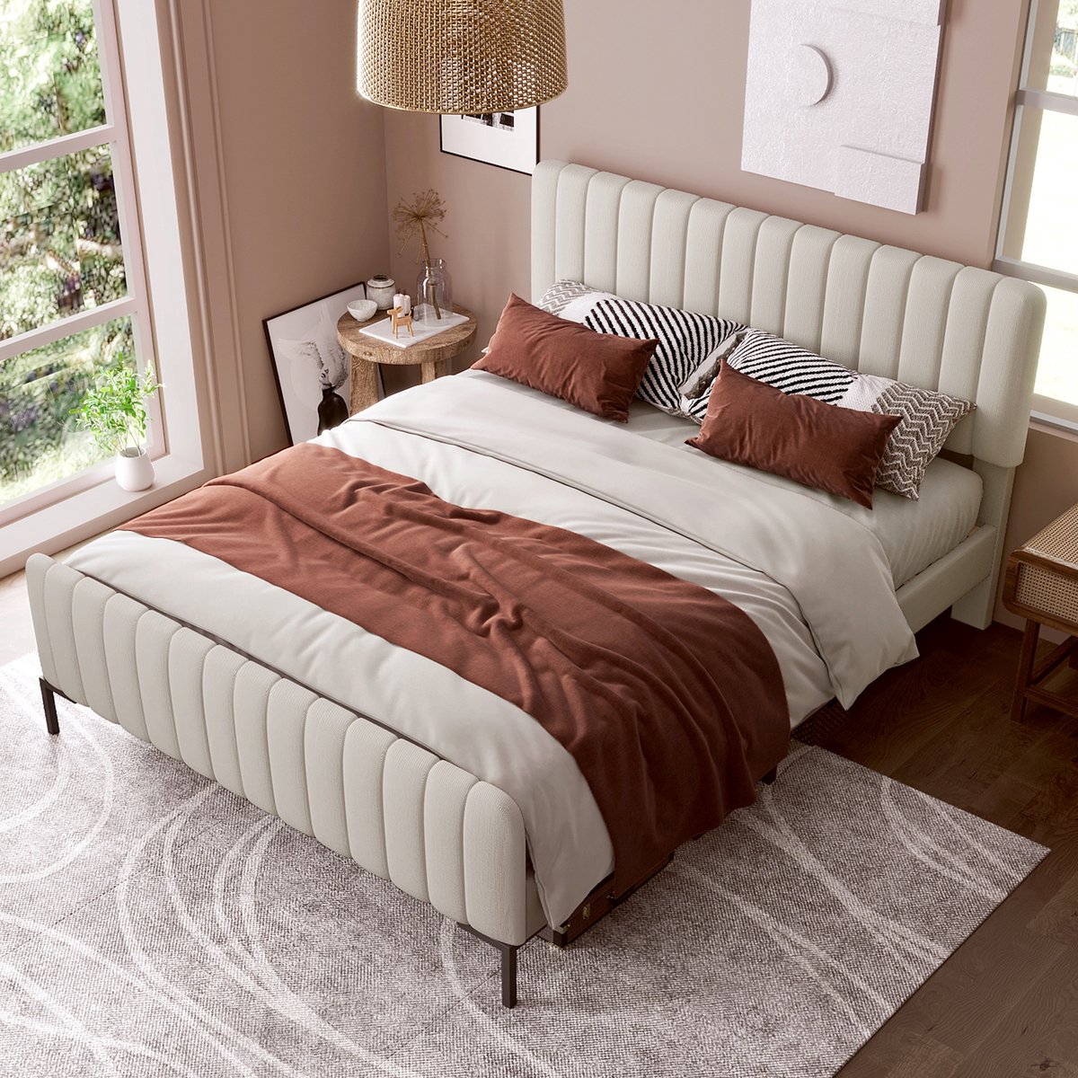 Sweiko Gestoffeerd Tweepersoonsbed 140 x 200 cm, Bedplaats met plat noedelsframe en verstelbaar hoofdeinde, Grijs Beige gestoffeerd bed, slaapkamer bedplaats jeugdbedkamer linnenmateriaal (geen matras)