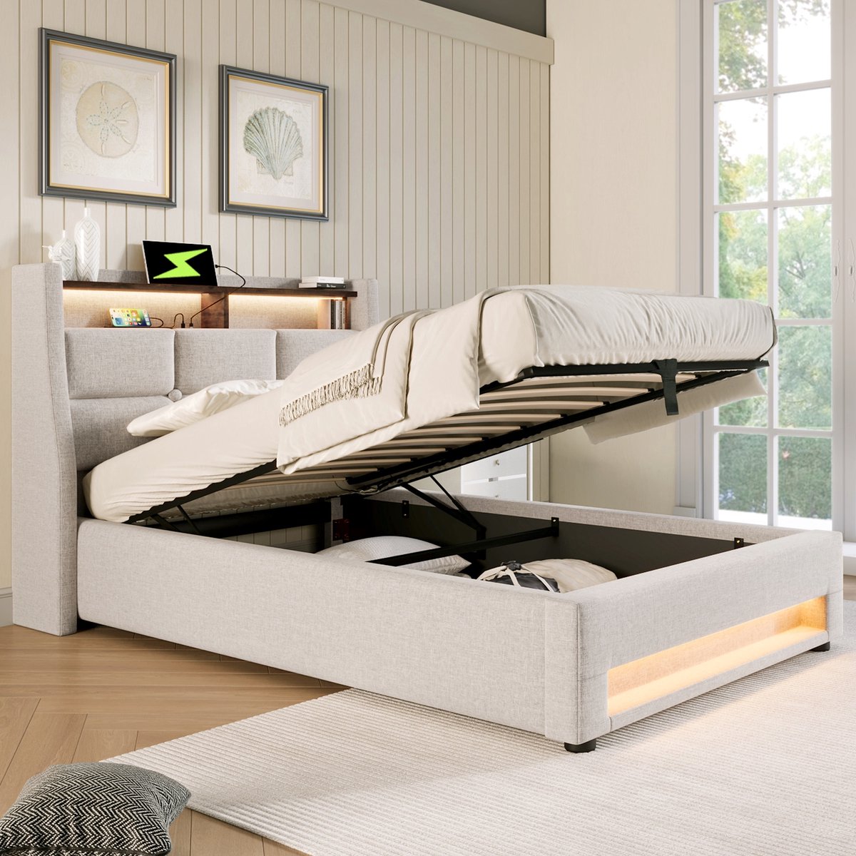 Sweiko Gestoffeerd bed met USB 90x200cm, LED Verlichting Eenpersoonsbed, Met Opbergruimte,Beige, Metalen frame Vlak noedelsframe, linnen bedstead jeugdbed (zonder matras)