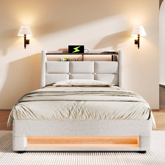 MQGPM Bed met opbergruimte, 90 x 200 cm, gestoffeerd, met lattenbodem en 2 laden, eenpersoonsbed, met hoofdeinde en voeteneinde, voering van fluweel, zonder matras, beige