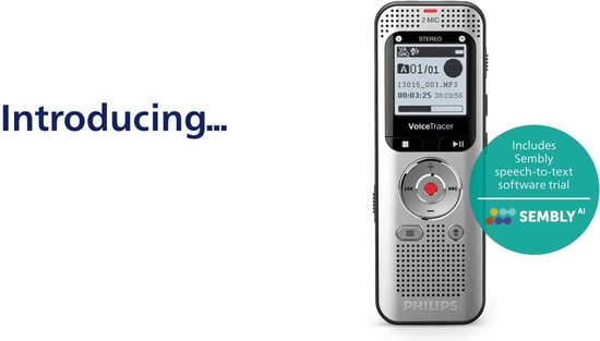 Philips DVT2015 Audio recorder incl. Sembly - Stereo MP3/PCM - Sembly spraak-naar-tekst cloudsoftware/ spraakherkenning - 8GB - USB