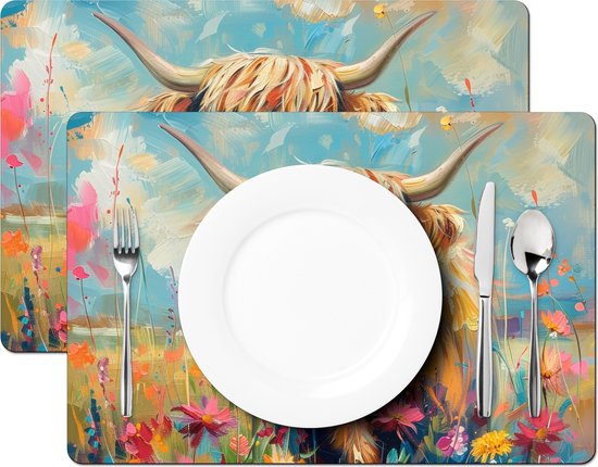 Napperons - 6 pièces - 45x30 cm - Set de table en plastique - Highlander écossais - Nature - Coloré - Fleurs - Sets Assiettes - Décoration pour la table - Accessoires de décoration de table de Cuisine - Tapis en Vinyl - Décoration de table