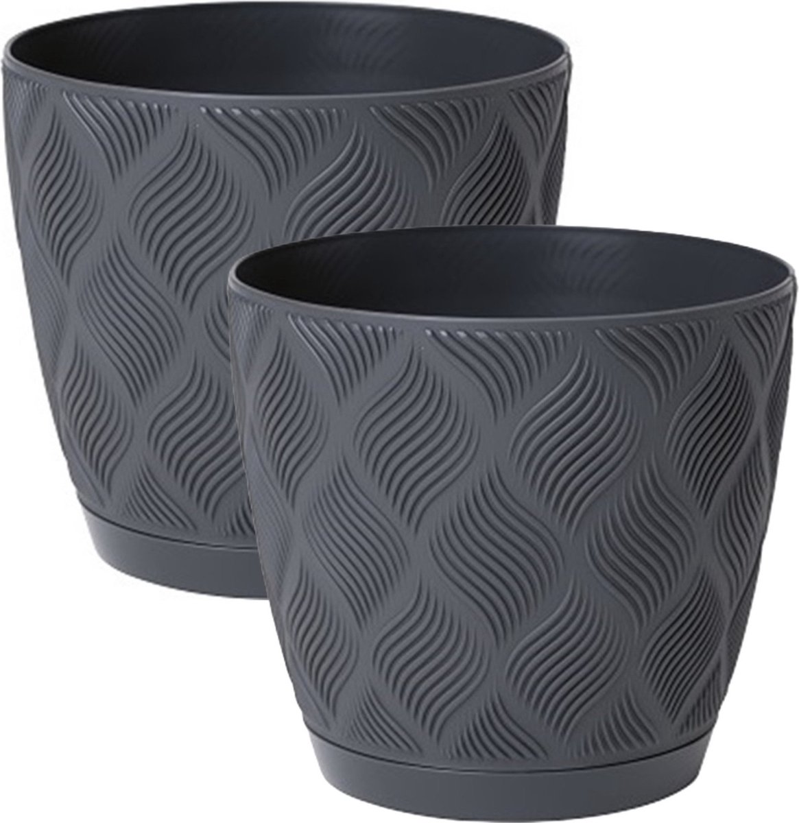 Form Plastic Plantenpot/bloempot New Age - 2x - kunststof - antraciet - D17 x H15 cm - met opvang schotel - rond