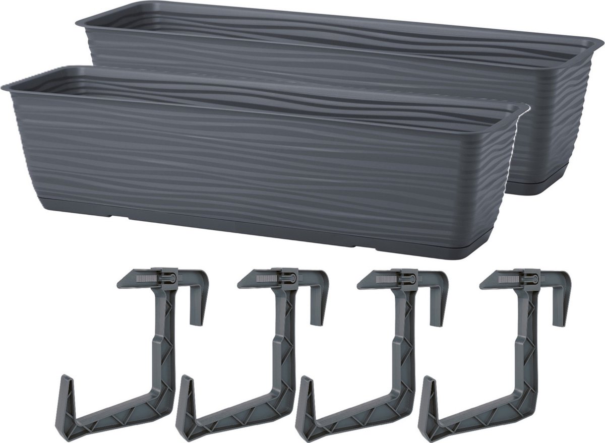 Form Plastic Balkon plantenbak Balustrade - 2x - incl ophangbeugels - kunststof - antraciet - L50 x B17 x H14