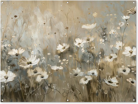 Tuinposter 160x120 cm - Tuindecoratie Bloemen - Wit - Natuur - Grijs - Modern - Poster voor in de tuin - Buiten decoratie - Schutting tuinschilderij - Tuindoek muurdecoratie - Wanddecoratie balkondoek