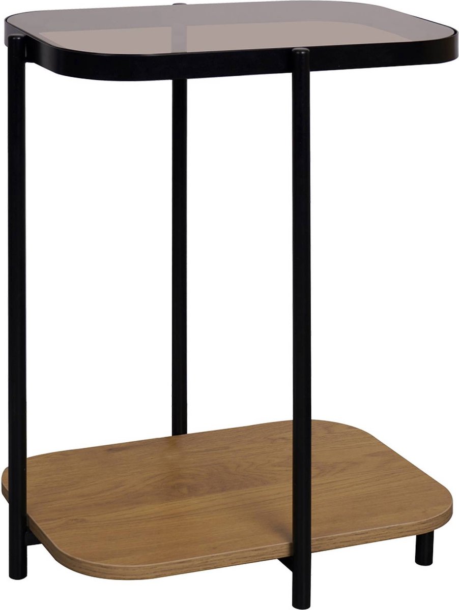 sweeek - Bijzettafel vintage in zwart metaal met 2 tafelbladen (glas en decor hout), met afgeronde randen
