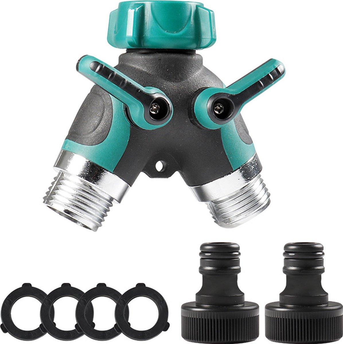 Tuinslang Splitter Y-klep 2-weg Heavy Duty Metalen Body Stevige Connector, Kraanadapter met 2 Snelkoppelingen en 4 Rubberen voor Buitengazon en Waterslangconnector
