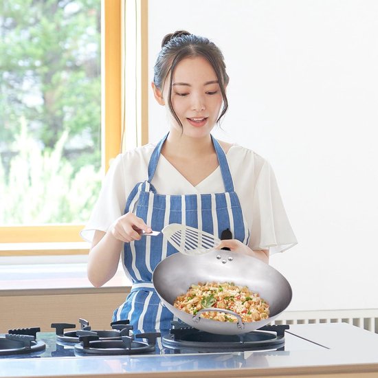Joeji's Kitchen Wok in acciaio al carbonio 35 cm - Fondo tondo - Manico in legno rimovibile - Stile tradizionale martellato a mano - Padella Wok cinese robusta e pesante - Perfetta