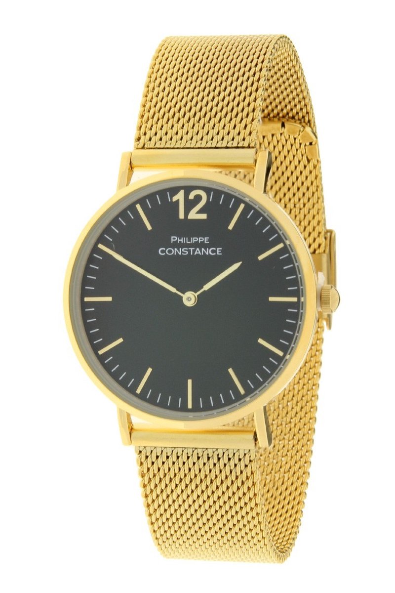 Horloge Big Chique Goud Zwart - Philippe Constance - Inclusief Batterij - Volledig RVS - Dames - Nikkelvrij