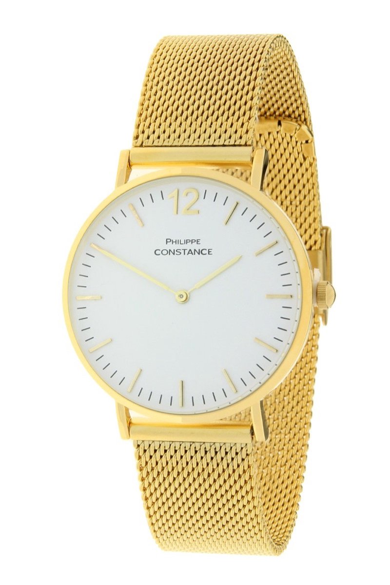 Horloge Big Chique Goud Wit - Philippe Constance - Inclusief Batterij - Volledig RVS - Dames - Nikkelvrij