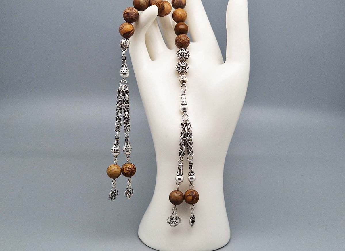 Handgemaakte tasbih gemaakt natuursteen Jaspis van olifantenhuid en 925 zilver Tassel Dubbel Aantal kralen 21 Diameter kralen 8 MM