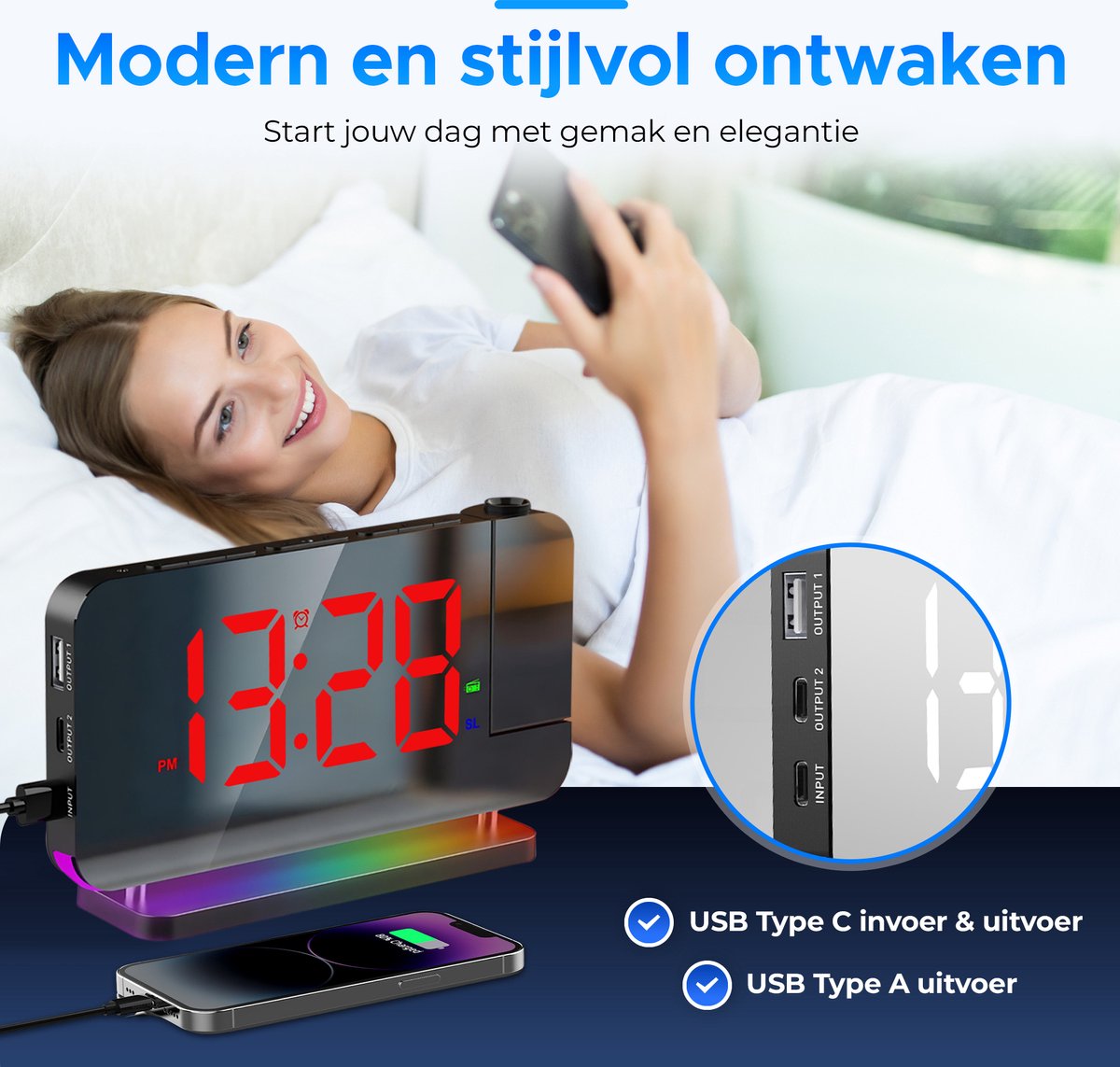 BP® Digitale Wekker Met Projectie - Wekkerradio - Projectiewekker - Digitale Wekker - Kinderwekker - Projectieklok - Snooze Functie - USB oplaadpoort - Automatische Helderheidscontrole - Zwart — cadeau in Elektronica - foto 4